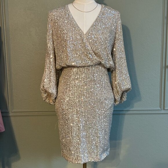 Eliza J Dresses & Skirts - Eliza J Gold Sequin Faux Wraparound Dress